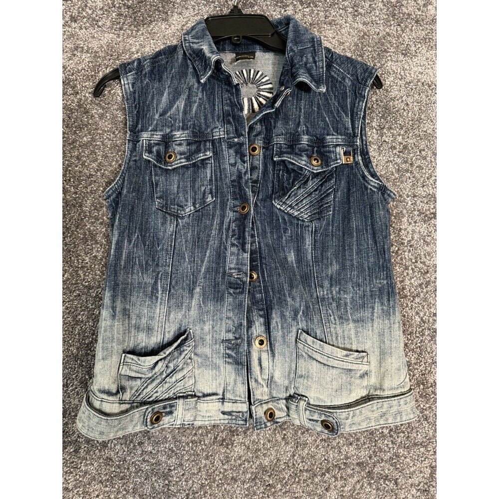 Vtg‎ Akademiks Denim Vest Womens Large AKDMKS Jean Embroidered Y2k Punk Grunge
